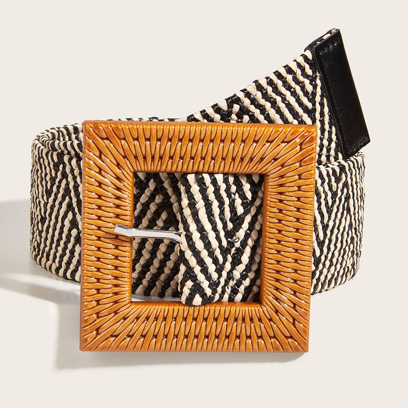 Cintos Femininos Cinto Elástico Trançado Zebra Check Feminino de Verão Cinto Elástico Decorativo com Fivela Quadrada Moderno e Versátil_voghion.com