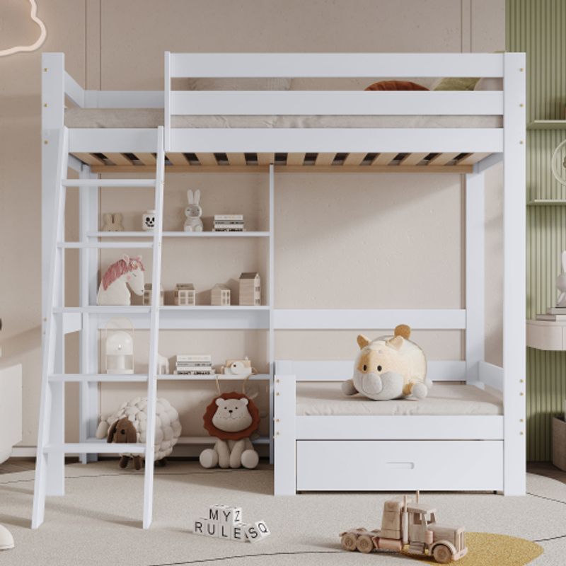 Etagenbett Mit Regalen Und Sofa, Holzbett Mit Einer Schublade, Kinderbett Mit Fünfstufiger Schrägleiter, Bettrahmen Aus Massivholz, Weiß, 90x200 Cm_voghion.com