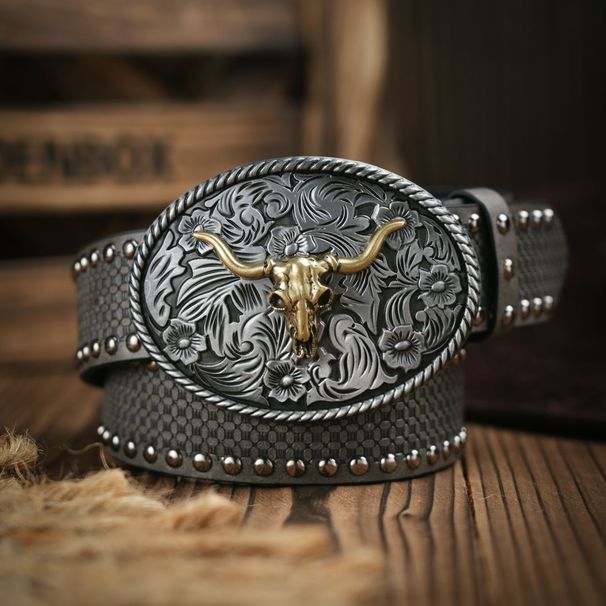 Cintura in pelle PU HOT Western Cowboy - Cintura da uomo con decorazione toro floreale incisa per jeans_voghion.com