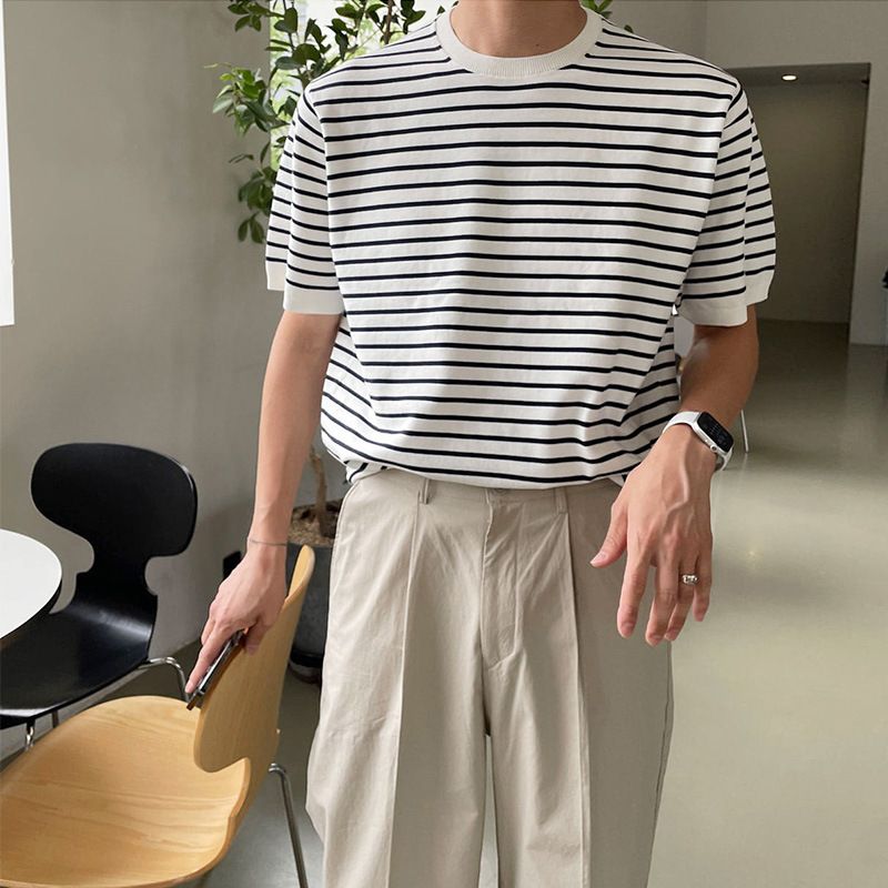 Maglietta estiva a righe larghe da uomo, modello Niche Ins, alla moda, lavorata a maglia, sottile, casual, scollo rotondo, maniche corte_voghion.com
