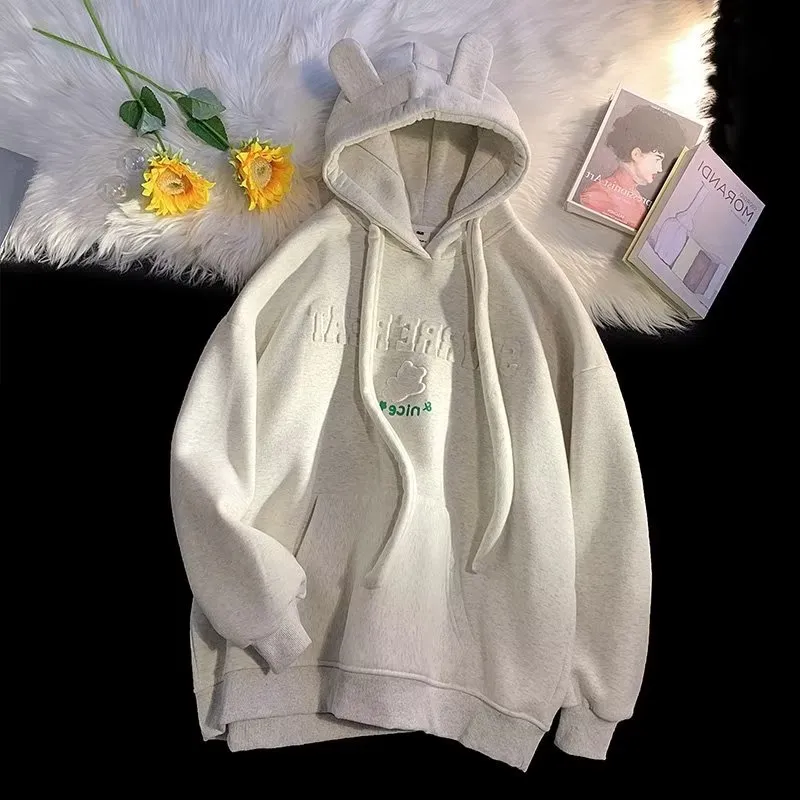 Women's Clothing Fashion brand high street couple sweater female design niche plus velvet thick new lazy style hooded jacket_voghion.com