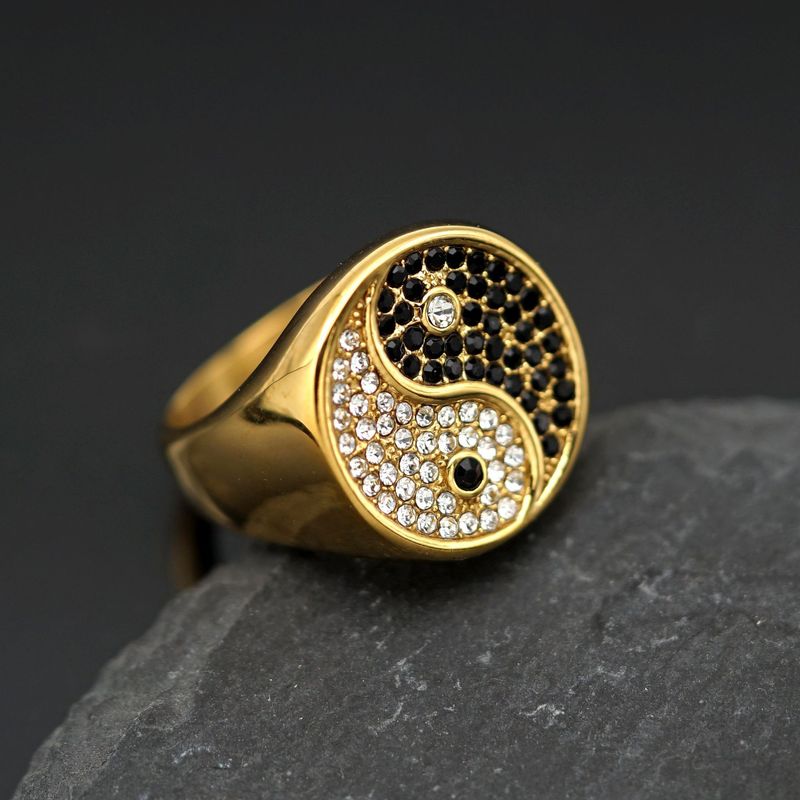 HIPHOP nakit iz nerjavečega jekla pozlačen poln diamant Tai Chi Yin Yang črni in beli prstani dodatki_voghion.com