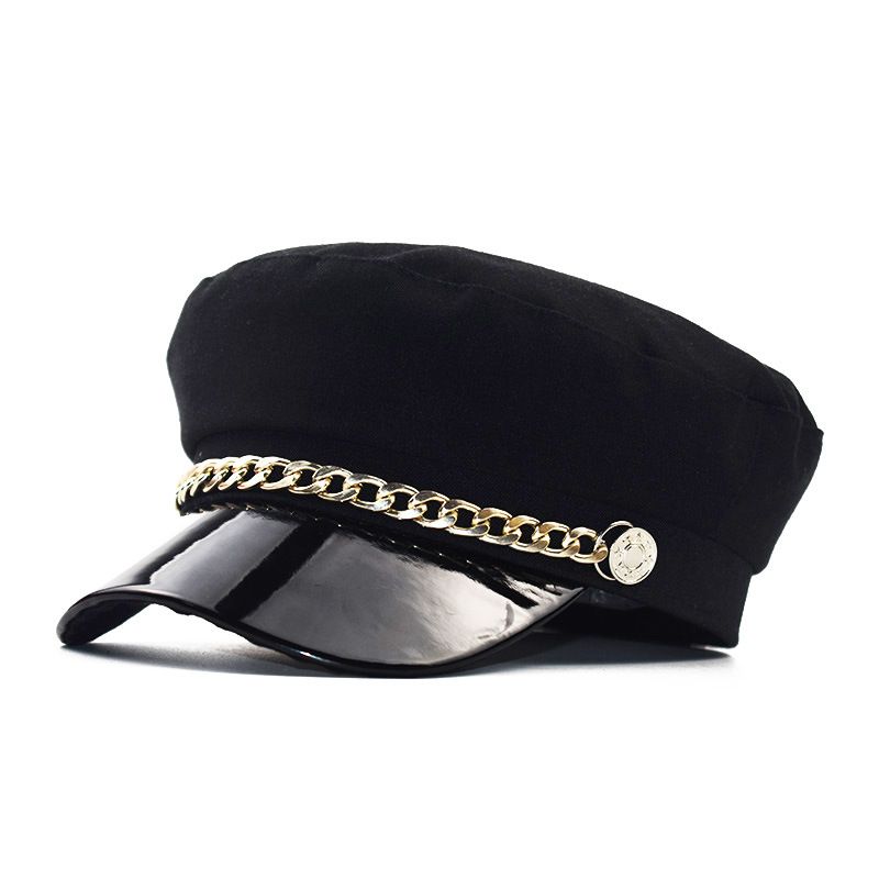 Unisex Fashion Navy hat shade hundred leather pu octagon hat autumn/Winter vintage chain beret lady_voghion.com