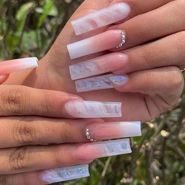 Elegant French Ombre Press-On Nails With Transparent Glitter & Diamond Design - Reusable Fake Nails For Women (Glue/Sticker Options)_voghion.com