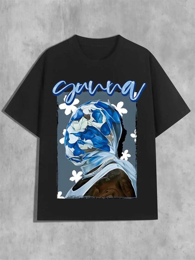 Y2K T-Shirt mit Blumen- und Schriftzug-Print, Atmungsaktives Kurzarm-Sommer-T-Shirt mit Rundhalsausschnitt, Damenoberteile, 240 g Baumwollstoff_voghion.com
