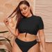 Women's Plus Size High Waist Swim Top - Solid Color Short Sleeve Swimwear, Tummy Control & Full Coverage_voghion.com