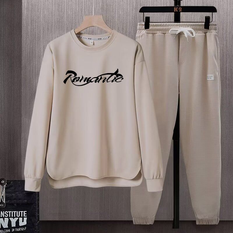 Herren-Freizeit-Sportbekleidungsset – Langarm-T-Shirt und Jogginghose, leichtes Polyester, bequeme Passform für den Herbst (Weiß/Beige/Braun/Grau, M-3XL)_voghion.com