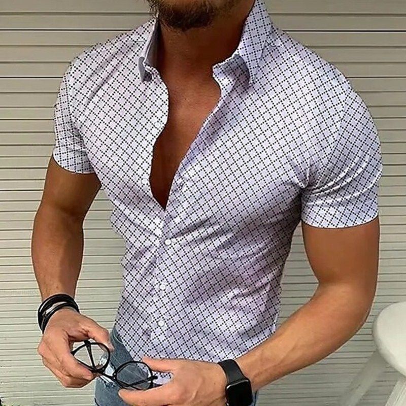 2023 Summer New Men's checkered short sleeved shirt casual oversized lapel top for men_voghion.com