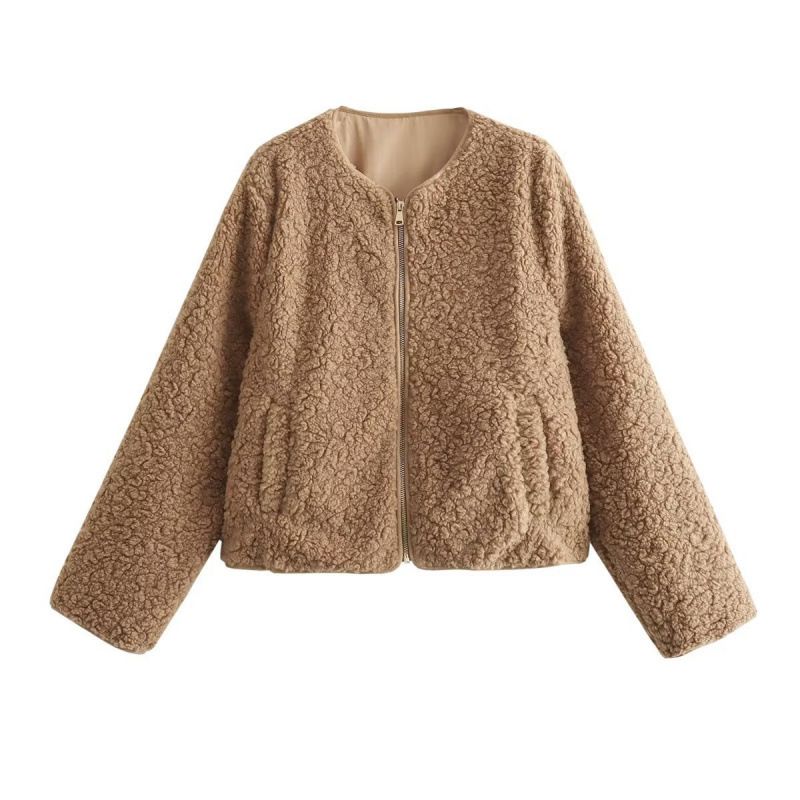 Fashionable Fleece Zip Jacket For Women - Soft & Stylish Outerwear With 3D Effect, Round Neck, And Button Details (Khaki, S/M/L)​​_voghion.com