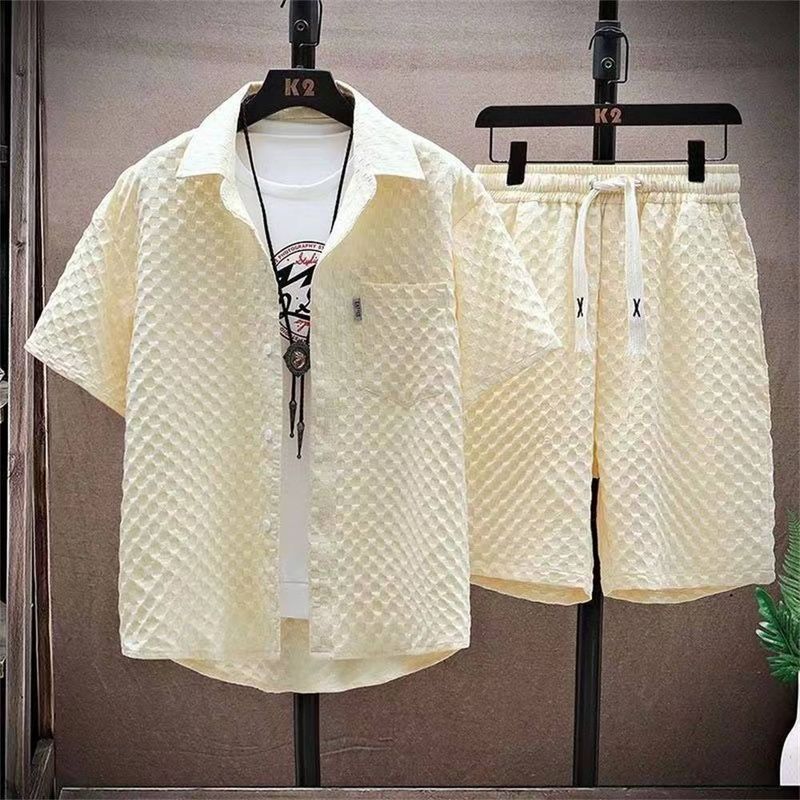 Men's Clothing 2024 New Summer Ice Silk Suit Men's Trendy Short-Sleeved Shirt And Shorts Set Waffle Thin Sports Casual Two-Piece Suit_voghion.com