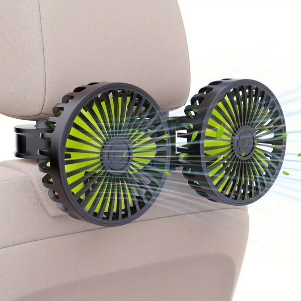 Ventilatore di raffreddamento per auto USB a doppia testa per sedile posteriore - Ventilatore di circolazione dell'aria girevole a 360° a 3 velocità da 5 V per berlina, SUV, camper e camion (nero + verde)_voghion.com