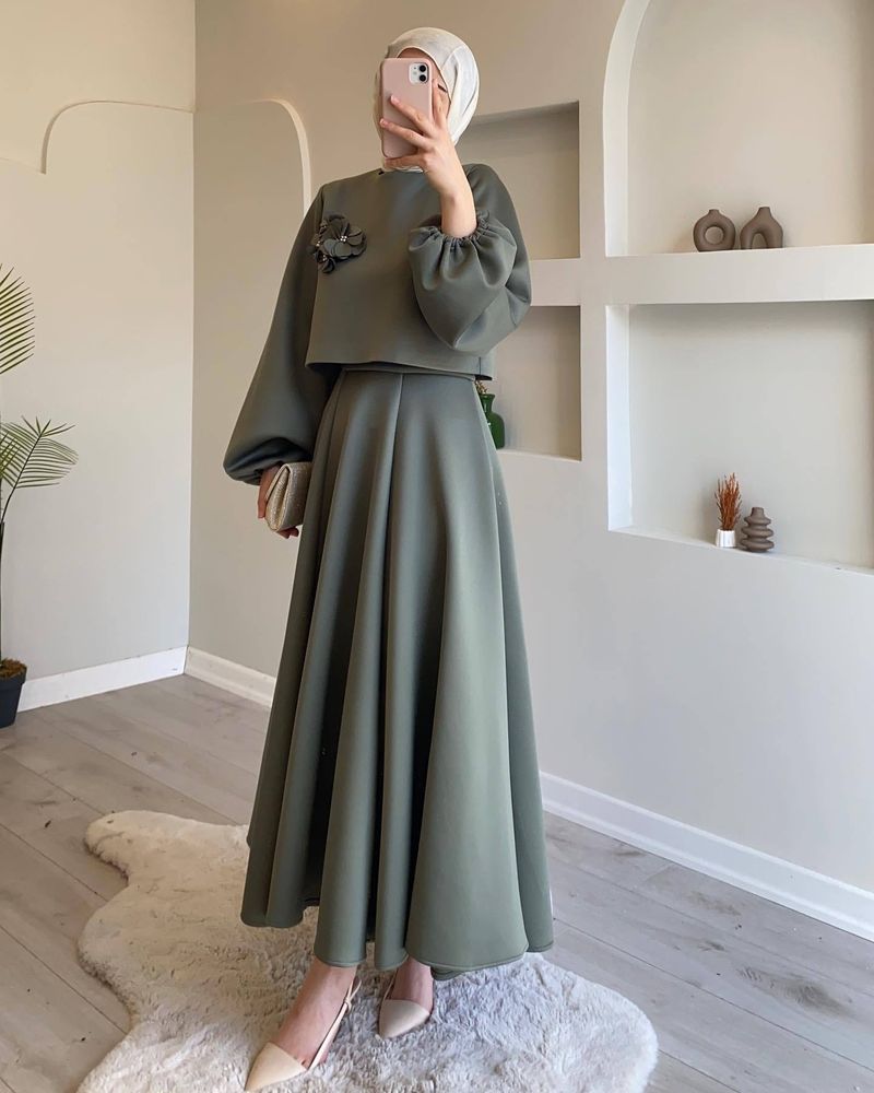 Women's Clothing Autumn New Middle East Dubai Flower Lantern Sleeve Loose Dress Women's Skirt Suit Two Piece_voghion.com