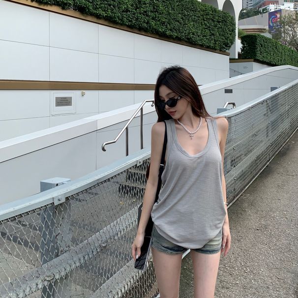 Elegantes, lockeres Camisole in Übergröße für Damen, Sommer, mittellang, lässig, sportlich, ärmellos, für Innen- und Außenbekleidung_voghion.com