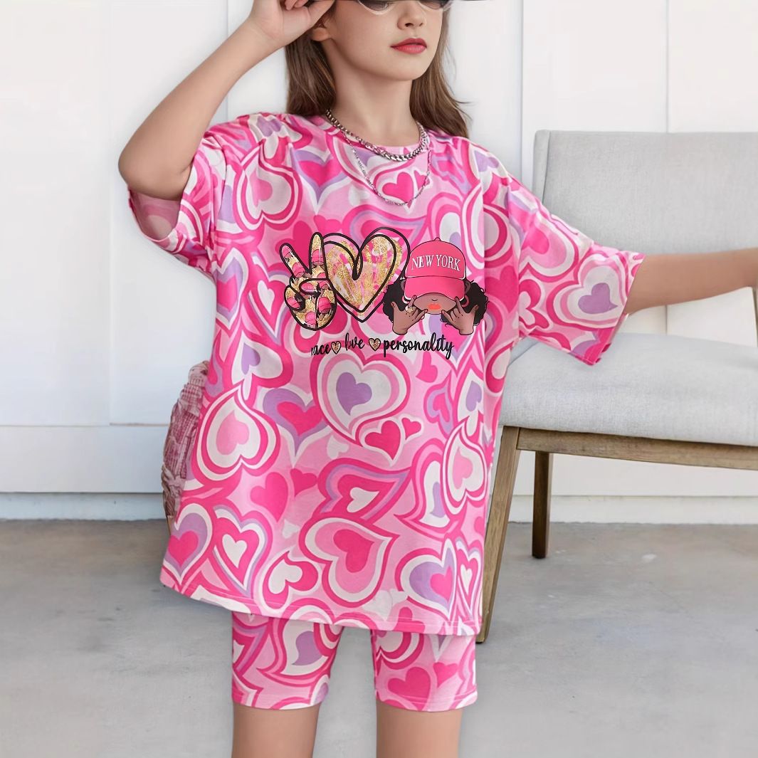 Çocuk Giyim INS Kızlar Aşk Desenli Tam Baskılı Batik Baskılı Kısa Kollu Rahat Yazlık Takım 1-8 Yaş Arası İçin Uygun_voghion.com