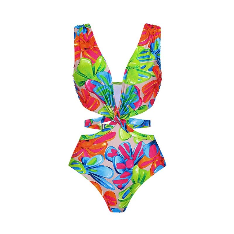 Women's swimsuit deep V hollow print one-piece swimsuit suit female cross-border hot style_voghion.com