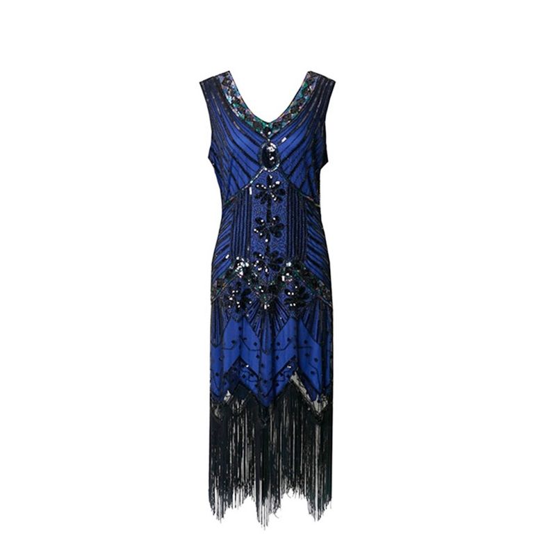 1920er Jahre Abendkleid mit handgefertigten Pailletten und Perlenquasten in Übergröße_voghion.com