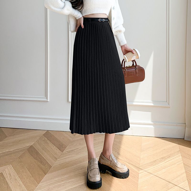 K Women's Midi Pleated Knit Skirt With High Waist Design, Covering The Hips And Slimming The Figure._voghion.com