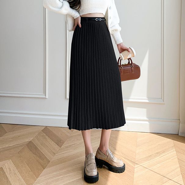 K Women's Midi Pleated Knit Skirt With High Waist Design, Covering The Hips And Slimming The Figure._voghion.com