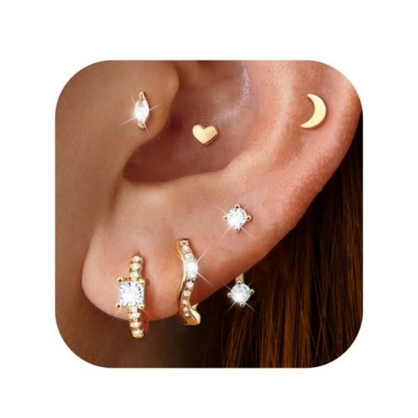 Orecchini unisex a forma di luna, semplici e alla moda, con zirconi intarsiati, set di sei pezzi._voghion.com