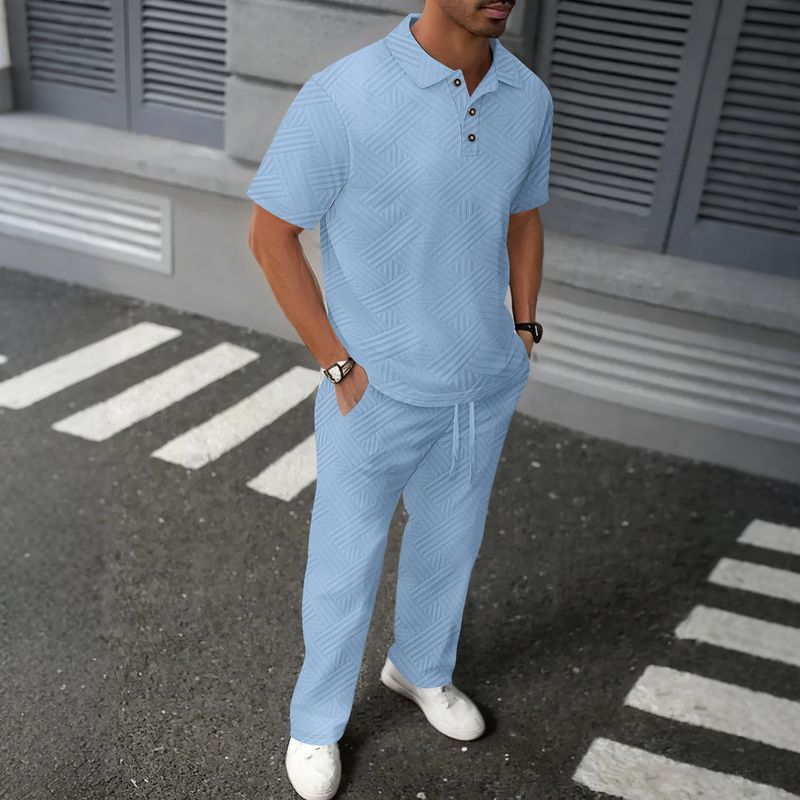 ​​"Men's Jacquard Polo Shirt & Trousers Set – Breathable Summer Outfit, Classic Lapel & Short Sleeve Design"​​_voghion.com