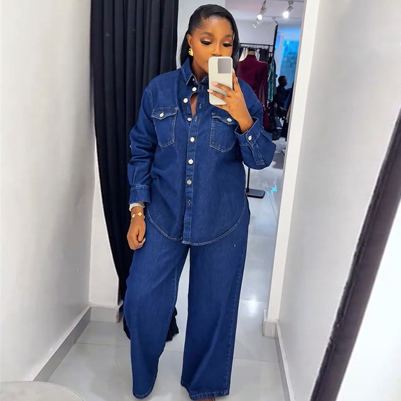 Îmbrăcăminte pentru femei de primăvară, modă nouă, cu rever albastru, din denim, pantaloni largi, costum casual_voghion.com