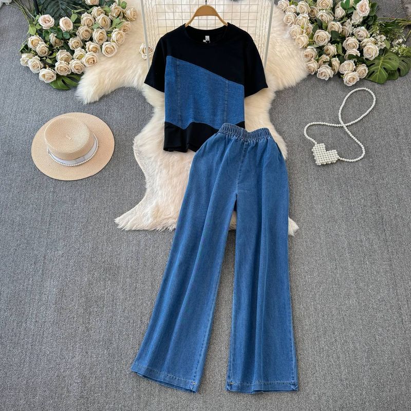 Women's Clothing Patchwork Contrast Color Short Sleeved Top + High Waist Wide Leg Jeans Two Piece Suit_voghion.com