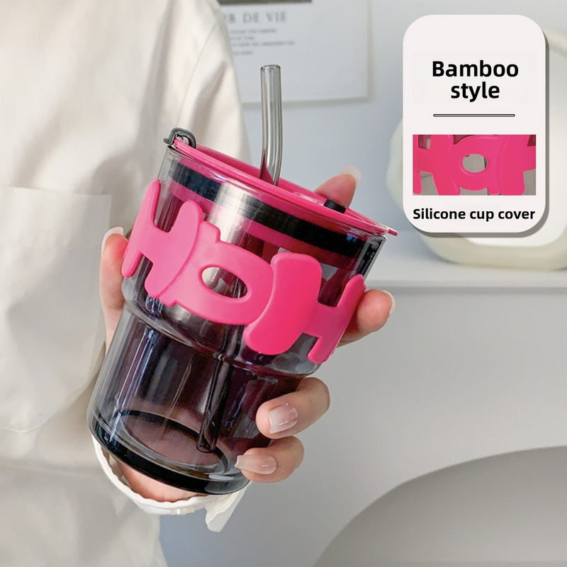 ​Elegant Glass Tumbler With Straw - Summer Themed Letter Print Coffee Cup For Women (450ml BPA-Free Dishwasher Safe)​_voghion.com