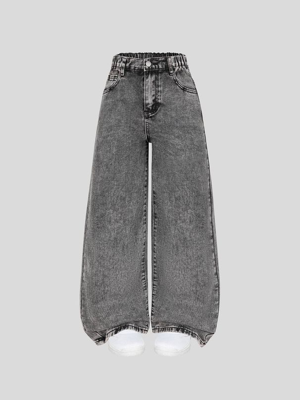 Girls' Fashionable, Simple And Versatile Casual College Style Loose Wide-leg Version Elastic Waist Zipper Placket Washed Denim Trousers_voghion.com
