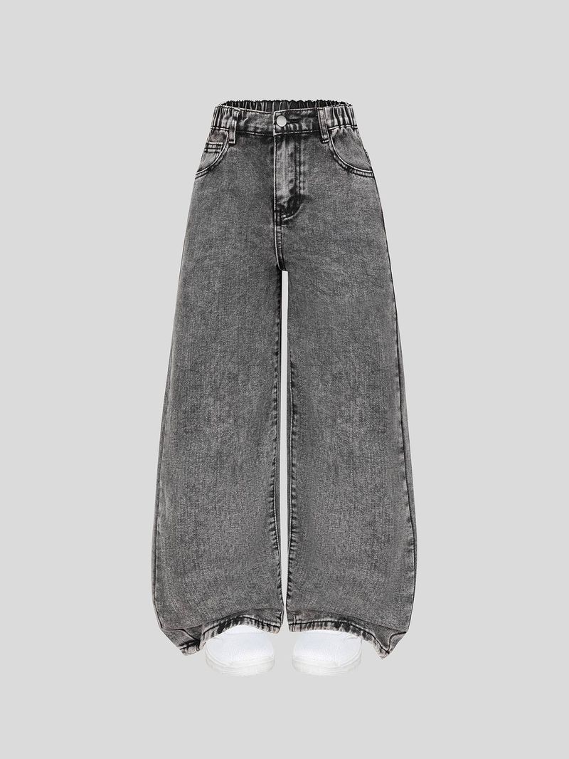 Kızların Moda, Basit Ve Çok Yönlü Rahat Kolej Stili Bol Geniş Paça Versiyonu Elastik Bel Fermuarlı Patlı Yıkanmış Kot Pantolon_voghion.com