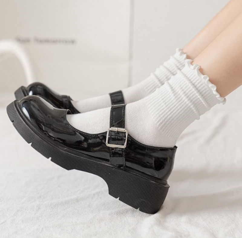 【Katoen】Witte JK-sokken met houten oorkleppen en kant voor kinderen, middellang, lente-/herfststijl, witte kleur, Japanse zomersokken met laagjes_voghion.com