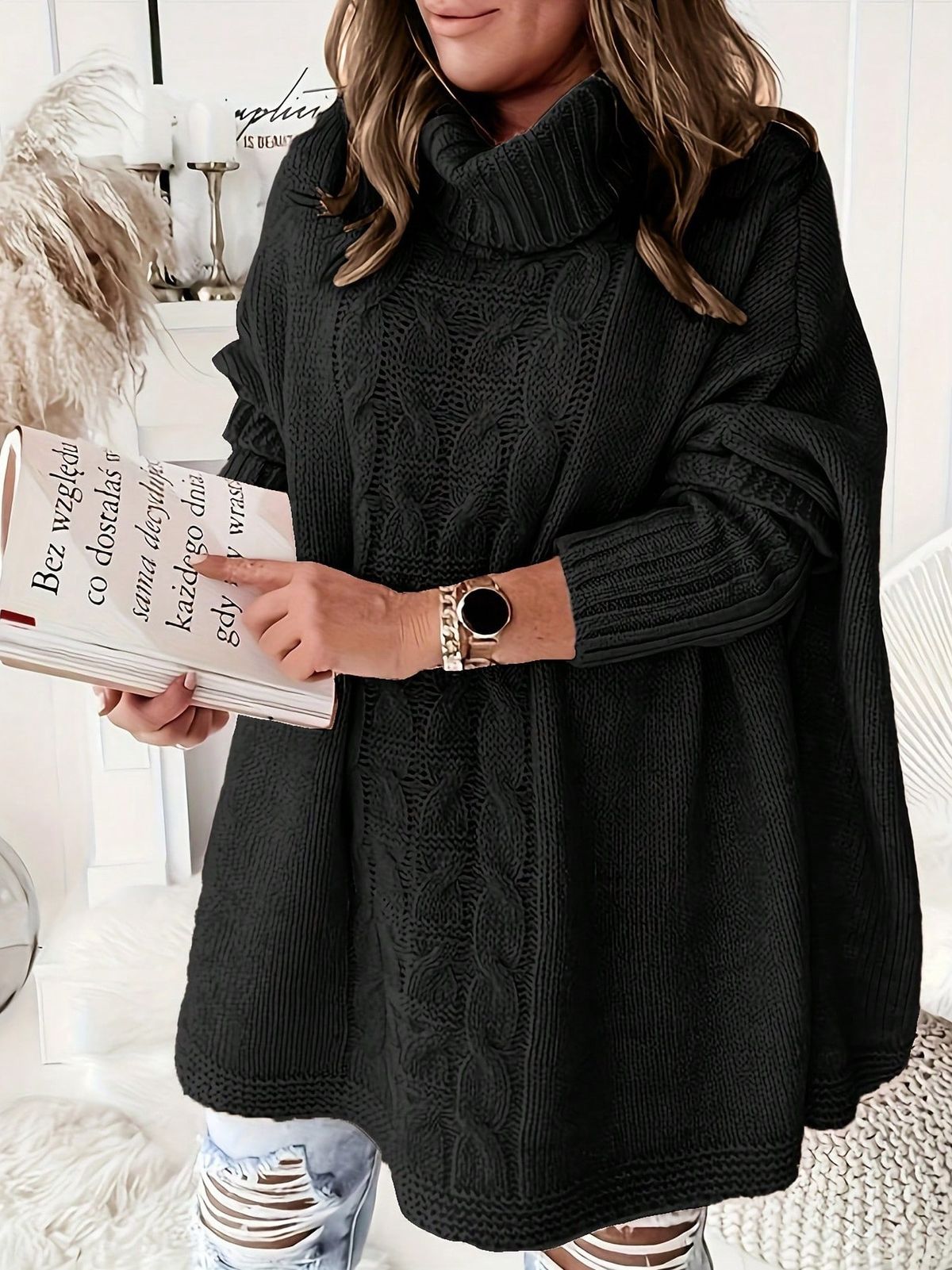 Oversized Batwing Sleeve Knit Top – Plus Size Women’s Tunic Sweater With Shawl Collar_voghion.com