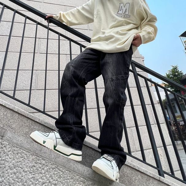 Sommer Neue gewaschene High Street-Jeans im amerikanischen Stil für Herren, lockere, weit geschnittene, lässige lange Hosen_voghion.com