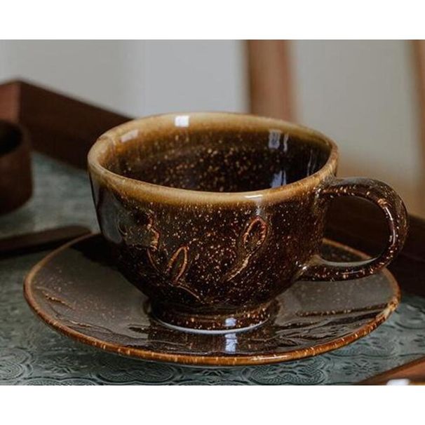 Medieval Coffee Set - Hand-Painted Ceramic Kiln Glaze Latte Cup & Saucer EU Artisan Household_voghion.com