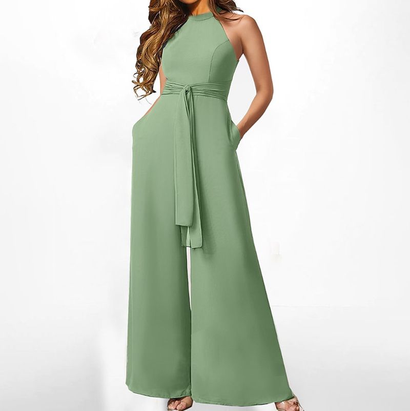 Women's solid color sleeveless halterneck high-waist strap straight casual jumpsuit _voghion.com