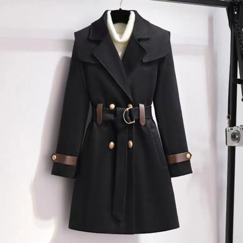 Women’s Wool-Blend Trench Coat – Tailored Winter Peacoat With Quilted Lining & Cinched Waist (2 Sizes) Navy-Collar Dressy Outerwear_voghion.com