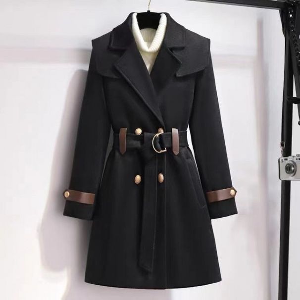 Women’s Wool-Blend Trench Coat – Tailored Winter Peacoat With Quilted Lining & Cinched Waist (2 Sizes) Navy-Collar Dressy Outerwear_voghion.com