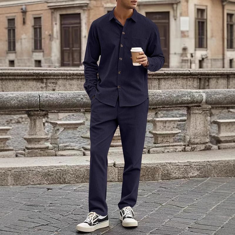 Herren-Set aus Cord-Langarmhemd und -Hose – Lässiges Button-Down-Outfit für den Herbst – Leichte Baumwollmischung – S-XXXL (Schwarz, Grau, Marineblau, Weiß, Beige)_voghion.com