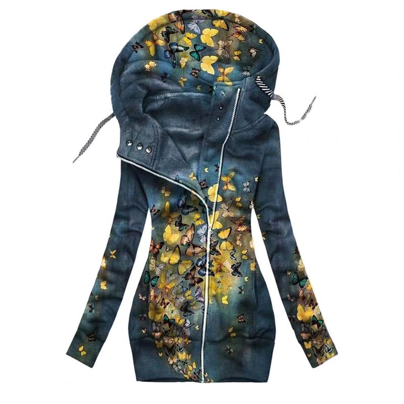 Giacca da donna chic Giacca da donna a maniche lunghe con coulisse Giacca termica invernale da donna con stampa di farfalle Resistente al freddo_voghion.com