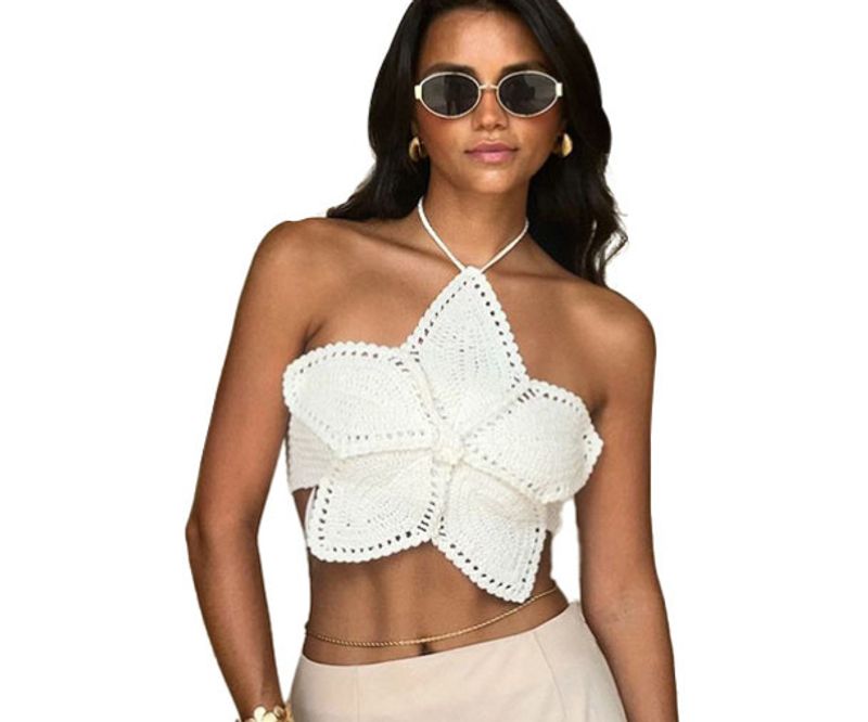 Women's Clothing Fashion Halter Neck Tie Flower Shape Top Summer New Sexy Hollow_voghion.com