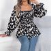 2025 Herbst Winter Casual Rüschen Square Neck Leopard Print Langarm Chiffon Bluse Damenmode_voghion.com
