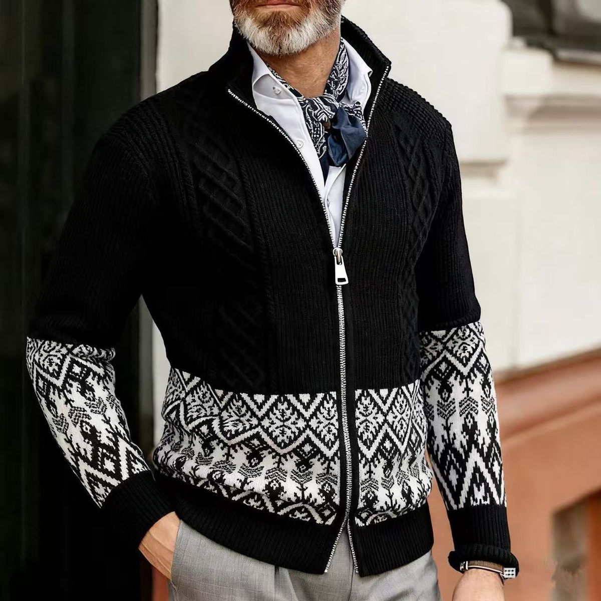Lässiger Herrenpullover mit Stehkragen und Jacquardmuster, locker sitzende Strickjacke für große und große Größen, stilvolle Oberbekleidung mit offener Vorderseite_voghion.com