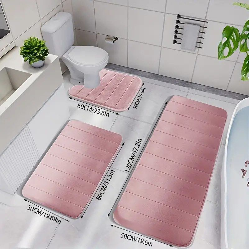 Quilted Bathroom Rug Set - 3-Piece Super Absorbent Coral Fleece Mats (Non-Slip Quick Dry Machine Washable 24"X16")​_voghion.com