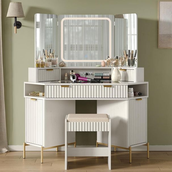48'' Modern Large Corner Vanity Table With Glass Top, Charging Station, With HD Triple Mirror & Lights, 1Multifunctional Drawers & 2 Small Drawers_voghion.com