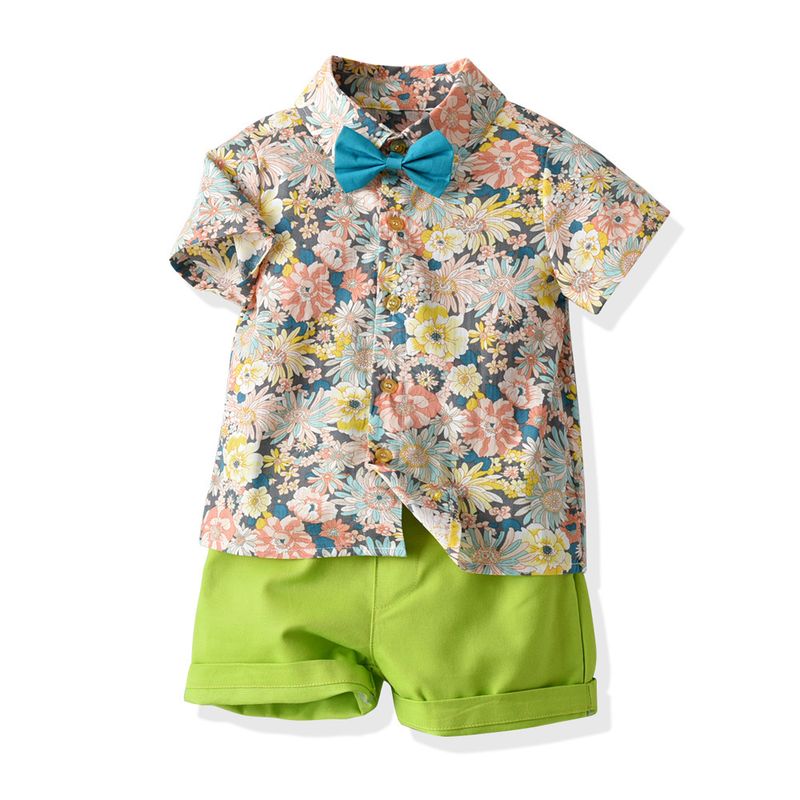Kinderanzug für Jungen, kurzärmeliges Hemd, bedruckte Strickjacke, Hosenträgershorts_voghion.com