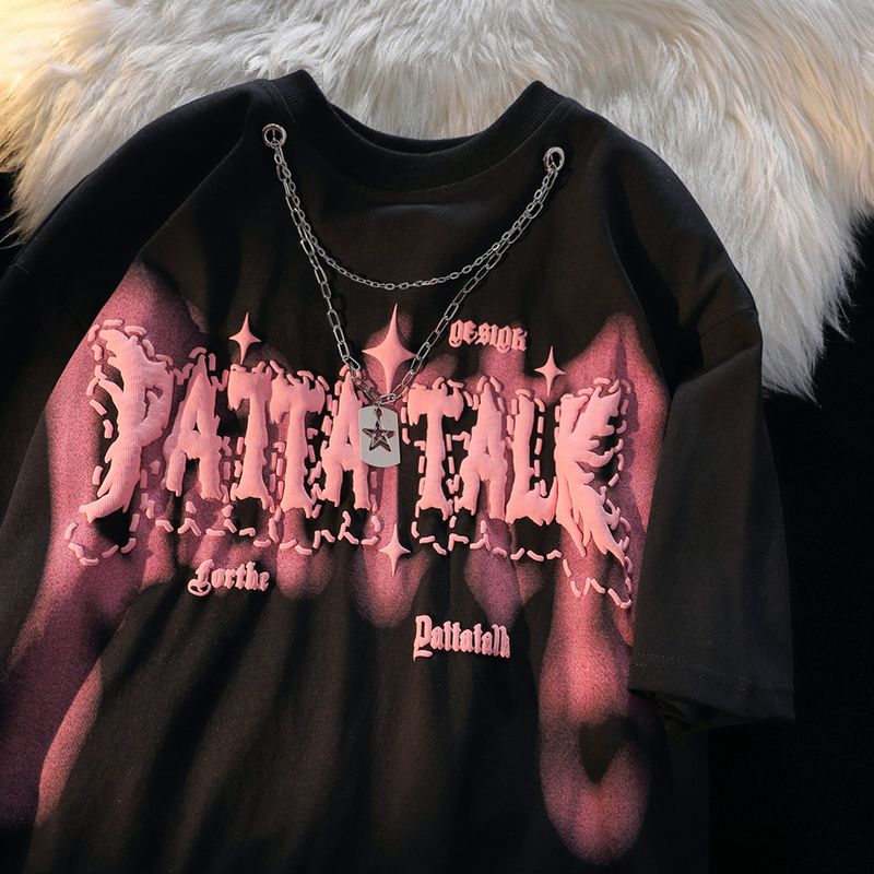 Women's Clothing retro street necklace pure cotton short sleeved T shirt female loose large version sweet and cool trend brand half sleeved top_voghion.com