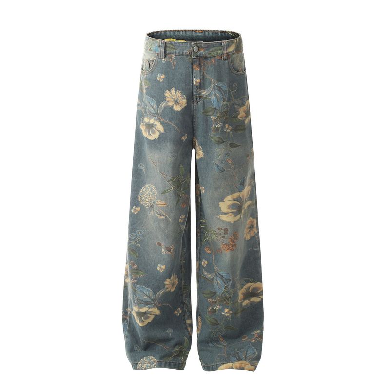 Men's Clothing Men's Wear Spring And Autumn New Products Real Shot Retro Street Trend Full Print Washed Denim Pants_voghion.com