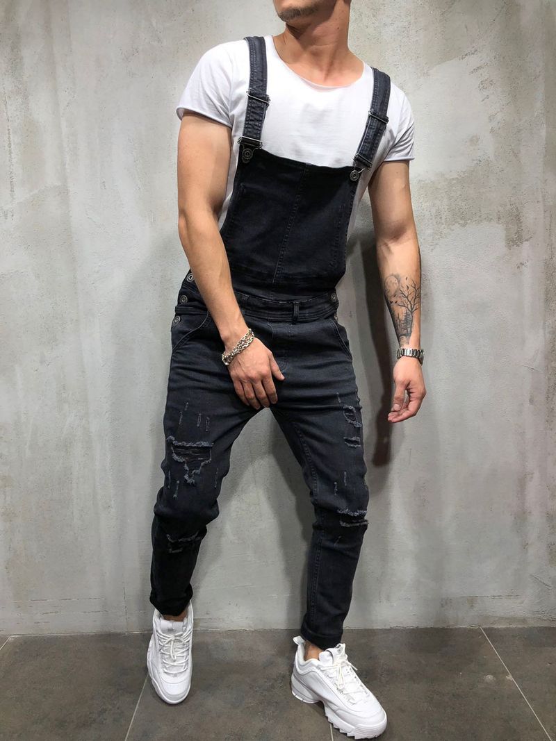 Men's Clothing Fashion Men's Suspender Jumpsuit Frayed Men's Foreign Trade Jeans Trousers Overalls_voghion.com