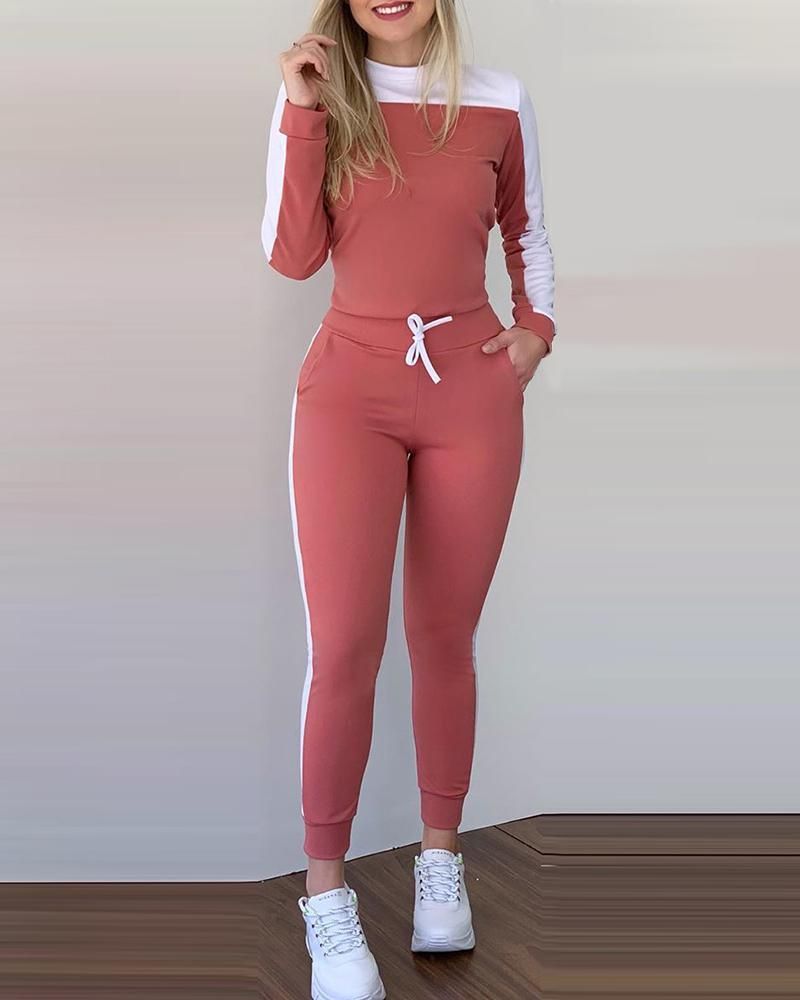 Women's Clothing new outdoor sports color matching long sleeved trousers comfortable casual suit for women_voghion.com