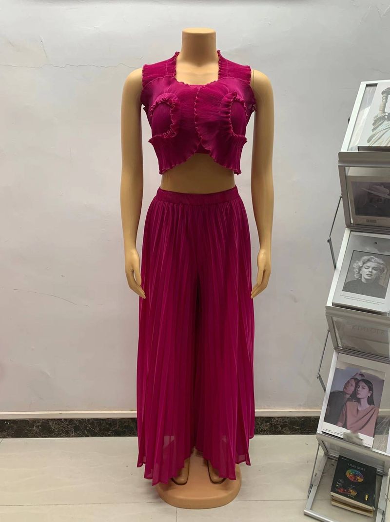 Women's Clothing Three House Pleated Top Wide Leg Straight Pants_voghion.com