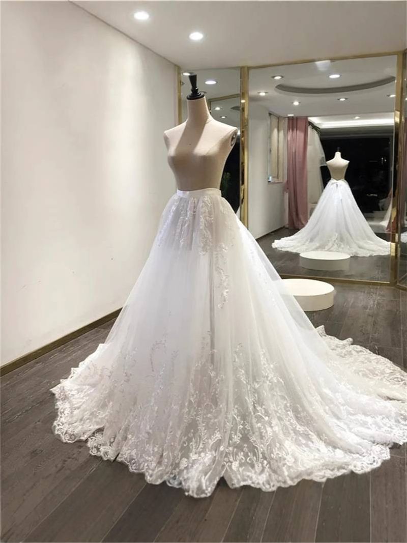 Rochie de mireasa pentru dama, cu fusta detasabila, dantela din plasa, cu talie inalta, rochie de mireasa cu fusta_voghion.com